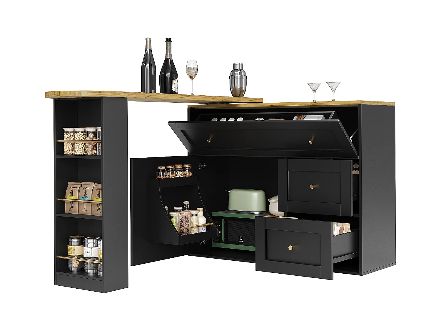Meuble de bar extensible - 138-204 x 39 x 105 cm - avec étagère snack + 2 tiroirs + 2 portes - MDF + Métal - noir