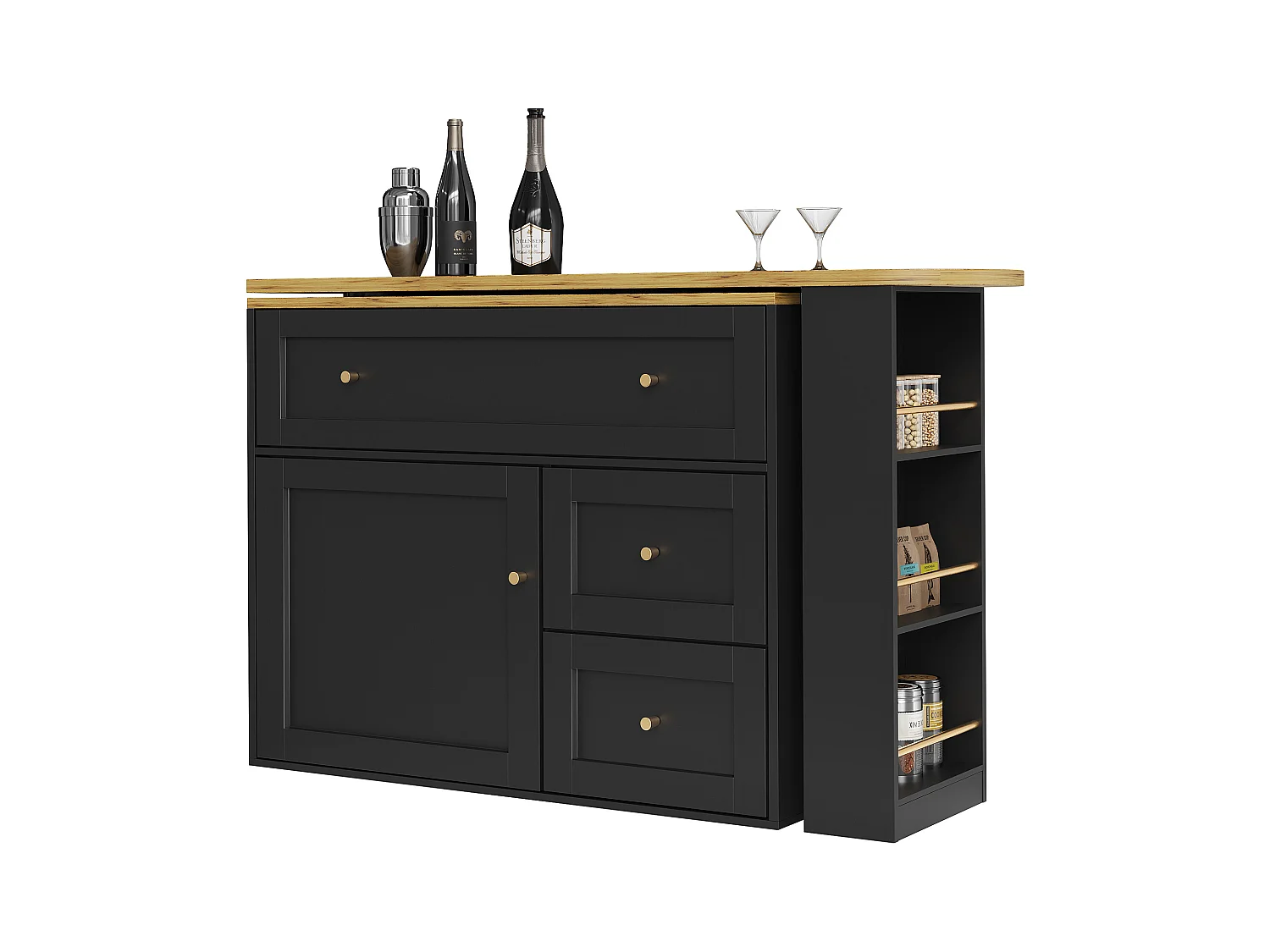 Meuble de bar extensible - 138-204 x 39 x 105 cm - avec étagère snack + 2 tiroirs + 2 portes - MDF + Métal - noir