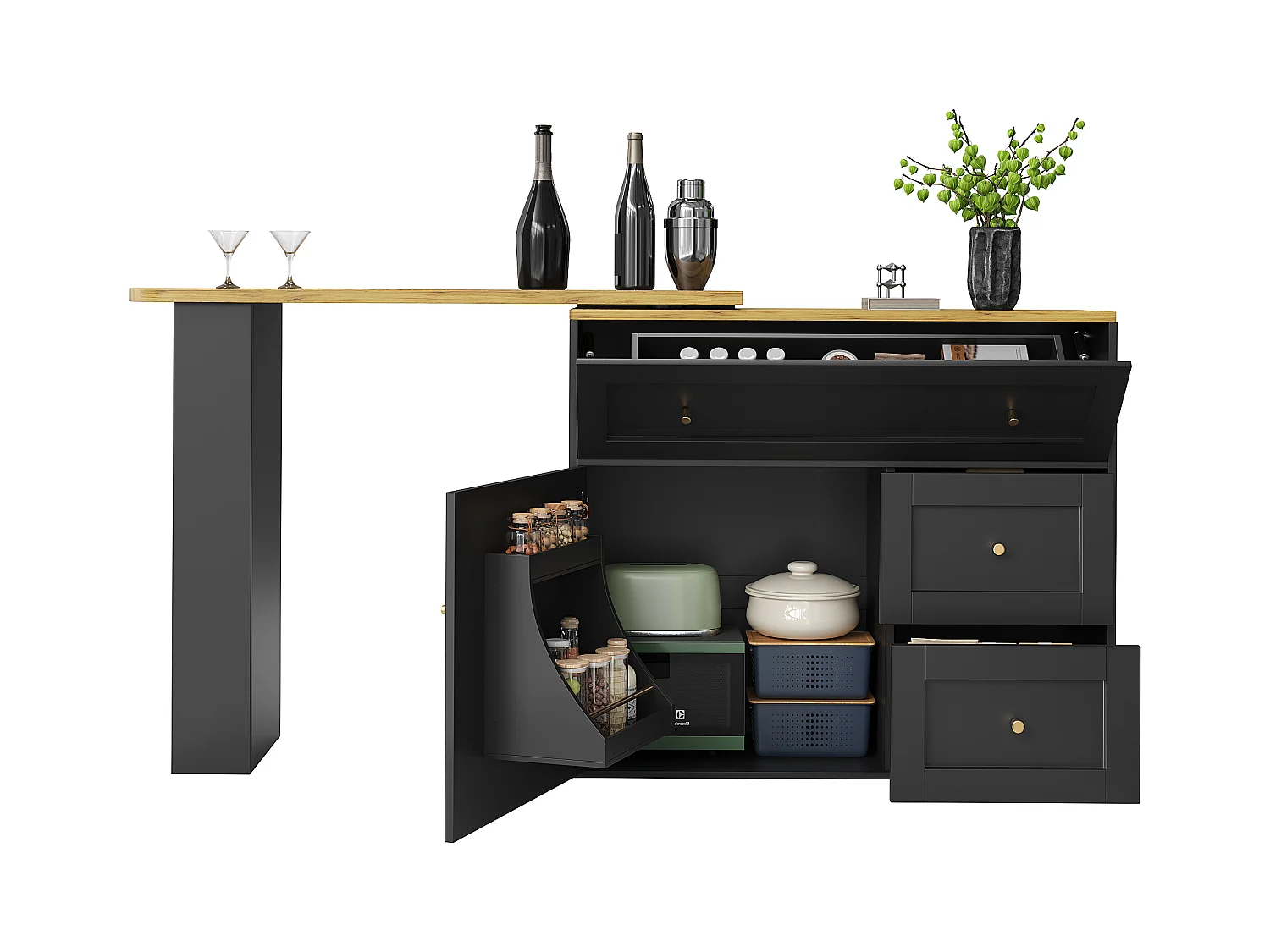 Meuble de bar extensible - 138-204 x 39 x 105 cm - avec étagère snack + 2 tiroirs + 2 portes - MDF + Métal - noir
