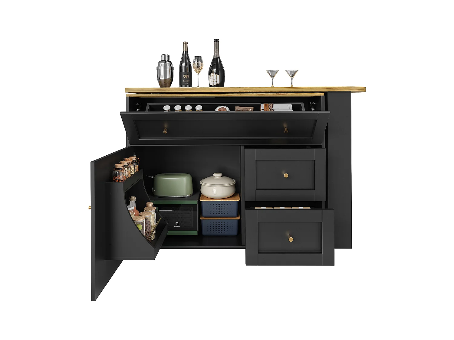 Meuble de bar extensible - 138-204 x 39 x 105 cm - avec étagère snack + 2 tiroirs + 2 portes - MDF + Métal - noir