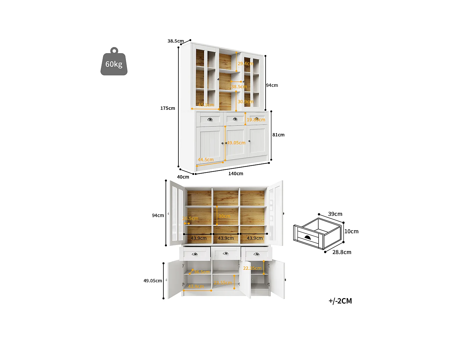 Buffet haut de cuisine - 140 x 38.5 x 175 cm - avec 3 tiroirs + 5 portes - MDF - blanc