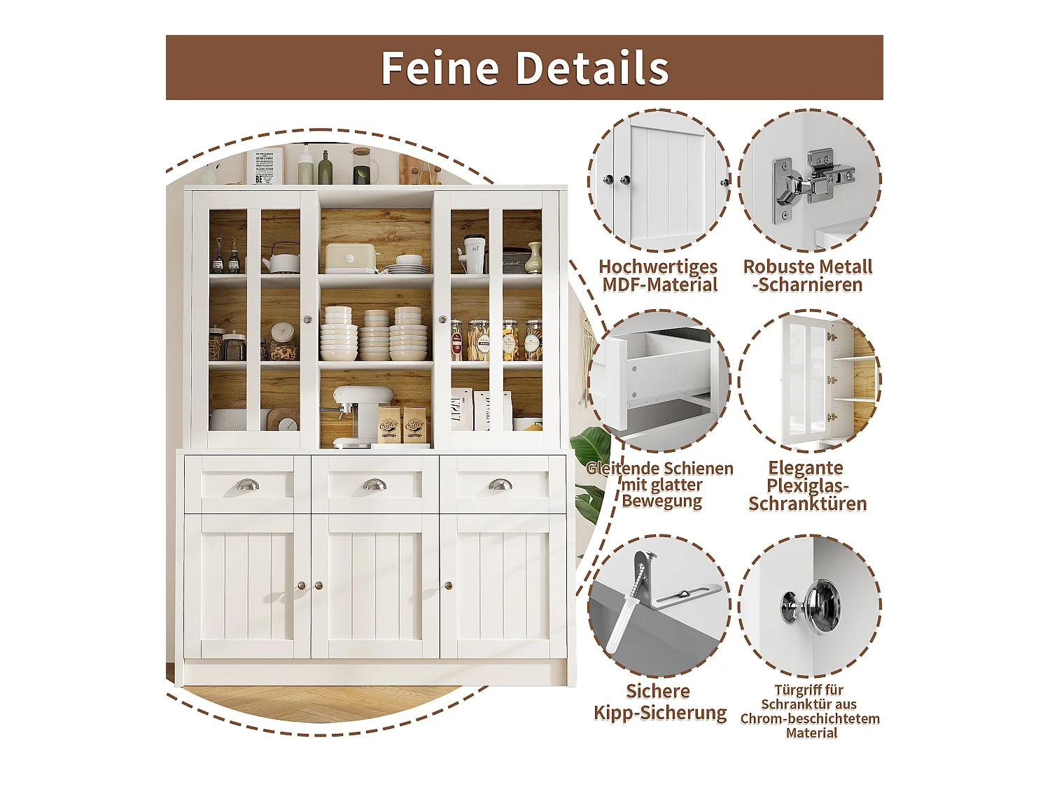 Buffet haut de cuisine - 140 x 38.5 x 175 cm - avec 3 tiroirs + 5 portes - MDF - blanc