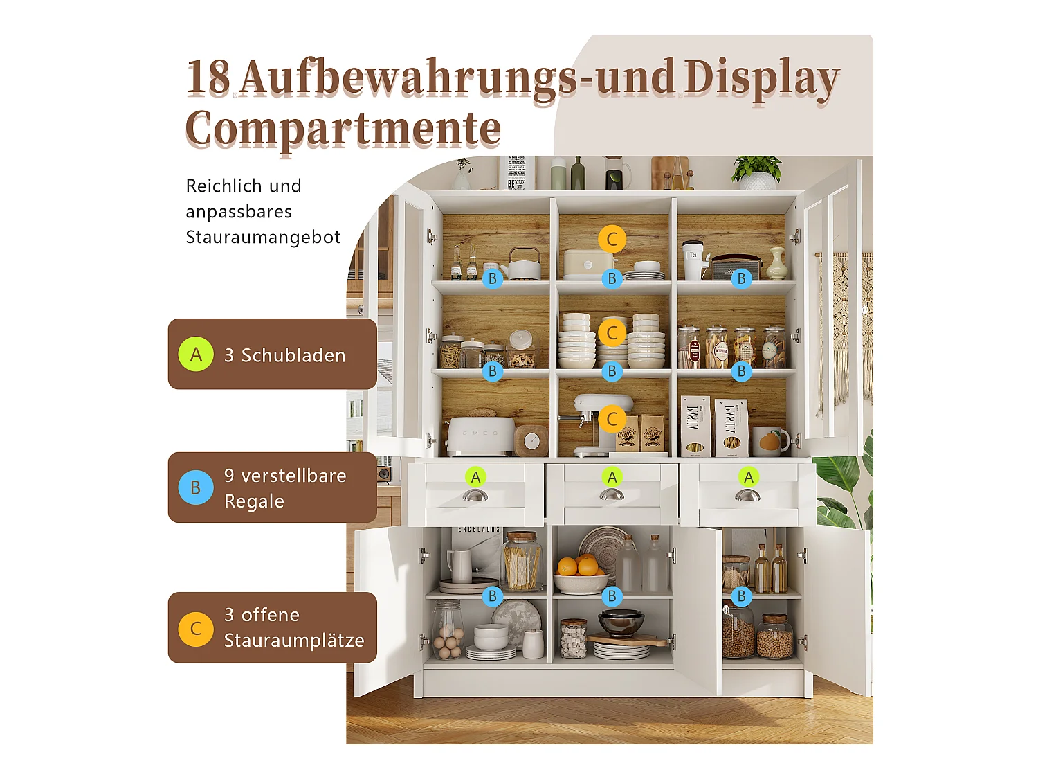 Buffet haut de cuisine - 140 x 38.5 x 175 cm - avec 3 tiroirs + 5 portes - MDF - blanc