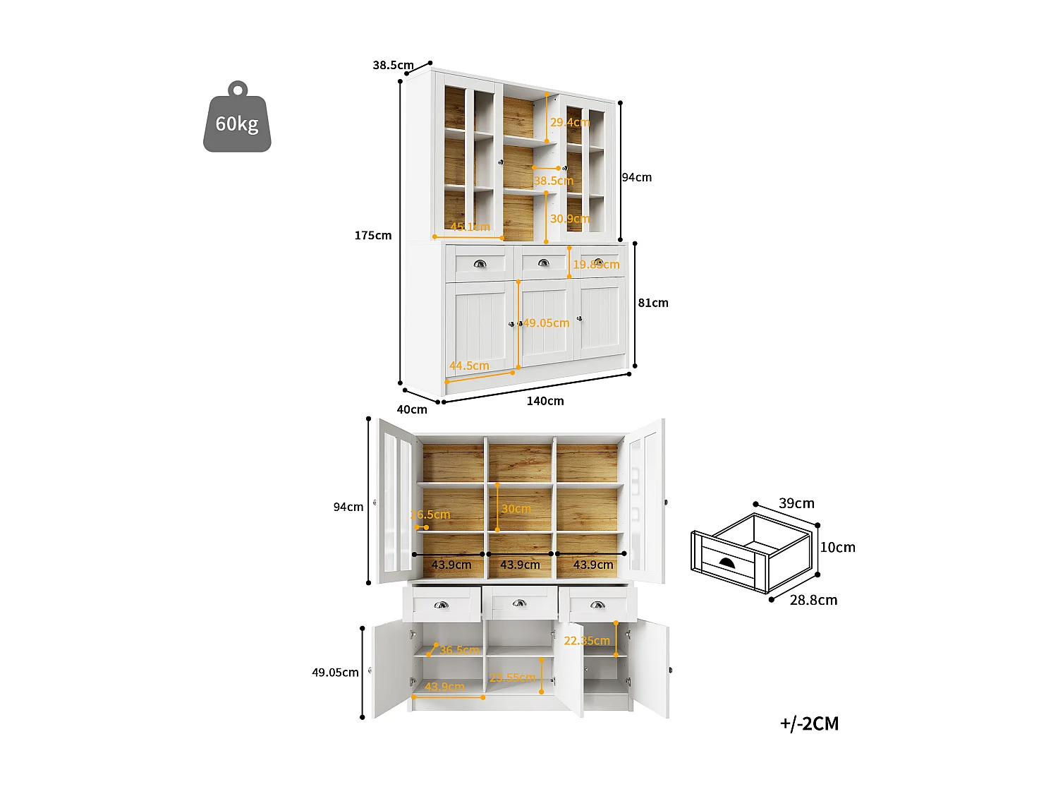 Buffet haut de cuisine - 140 x 38.5 x 175 cm - avec 3 tiroirs + 5 portes - MDF - blanc