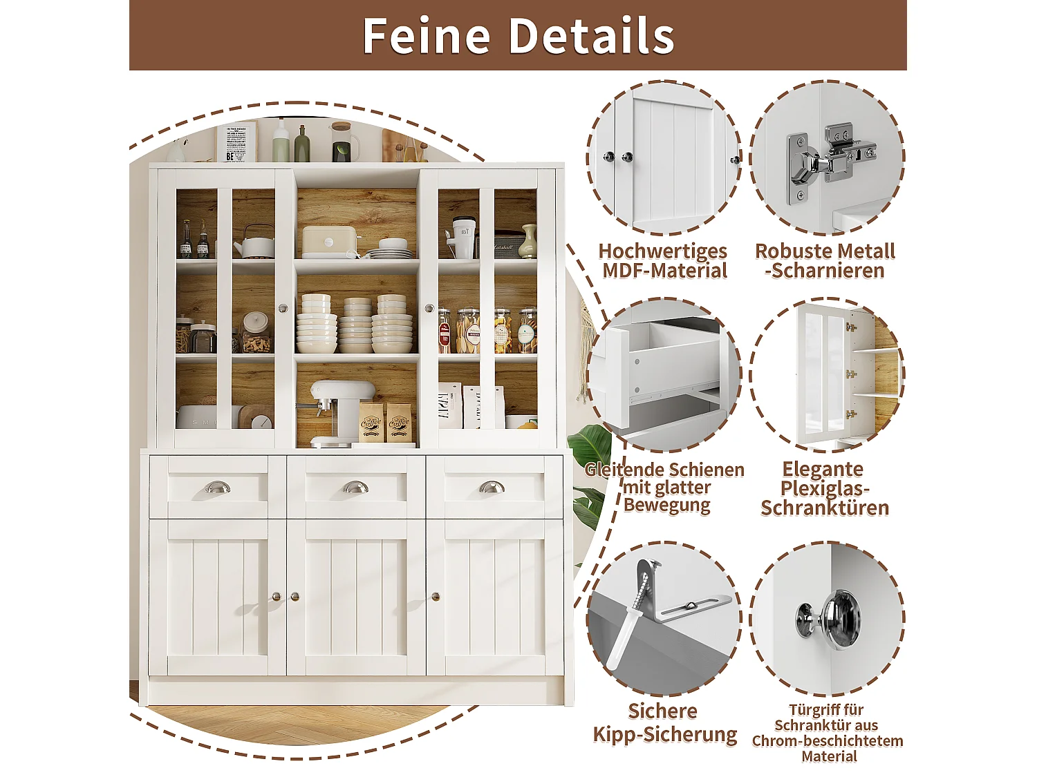 Buffet haut de cuisine - 140 x 38.5 x 175 cm - avec 3 tiroirs + 5 portes - MDF - blanc