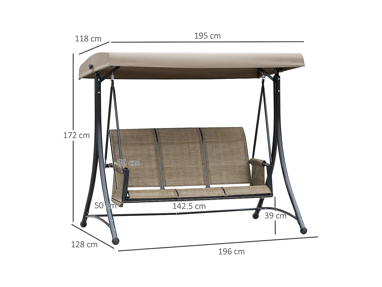 Balancelle de jardin 3 places, toit réglable, cadre métal et tissu polyester, marron (196x128x172cm)