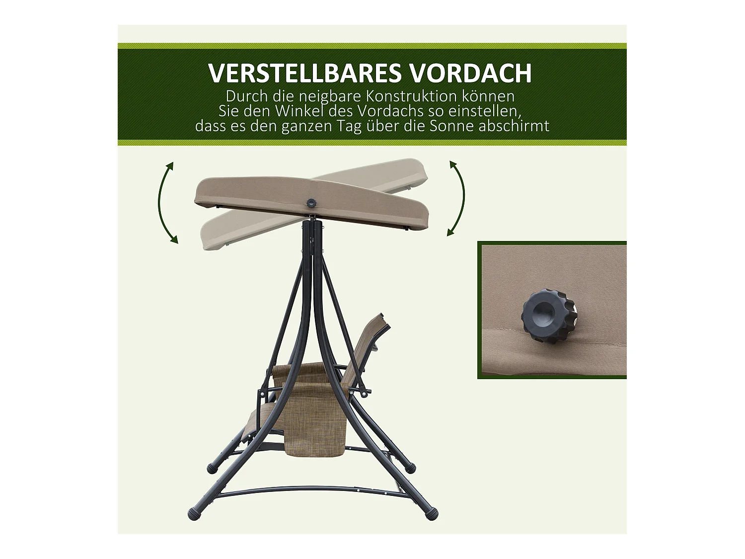 Balancelle de jardin 3 places, toit réglable, cadre métal et tissu polyester, marron (196x128x172cm)