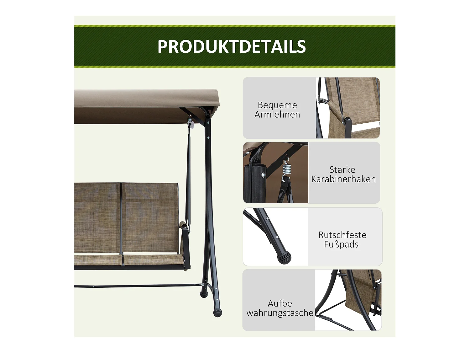 Balancelle de jardin 3 places, toit réglable, cadre métal et tissu polyester, marron (196x128x172cm)