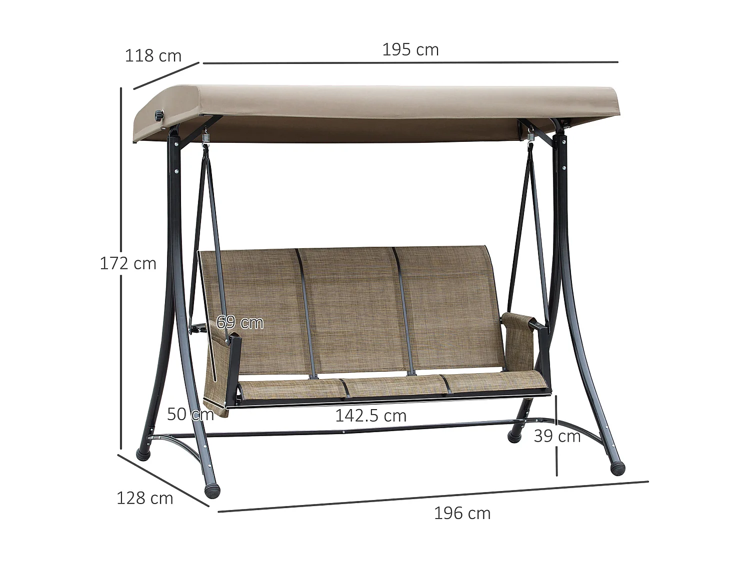 Balancelle de jardin 3 places, toit réglable, cadre métal et tissu polyester, marron (196x128x172cm)