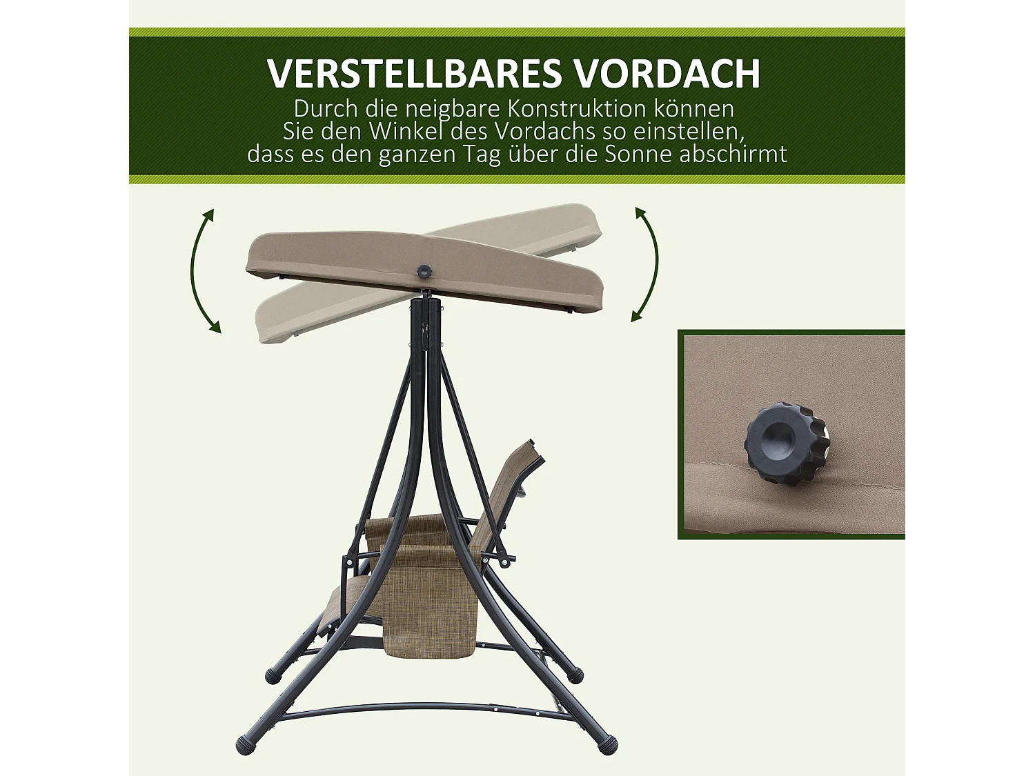 Balancelle de jardin 3 places, toit réglable, cadre métal et tissu polyester, marron (196x128x172cm)