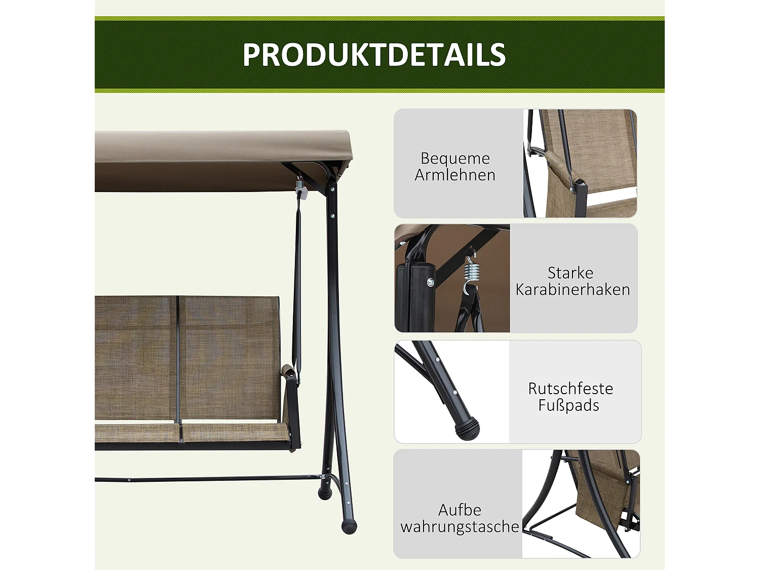 Balancelle de jardin 3 places, toit réglable, cadre métal et tissu polyester, marron (196x128x172cm)