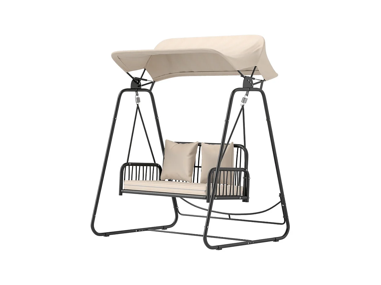 Balançoire de jardin en rattan, 2 places, avec toit réglable, coussins, acier, beige (149x121x180 cm)