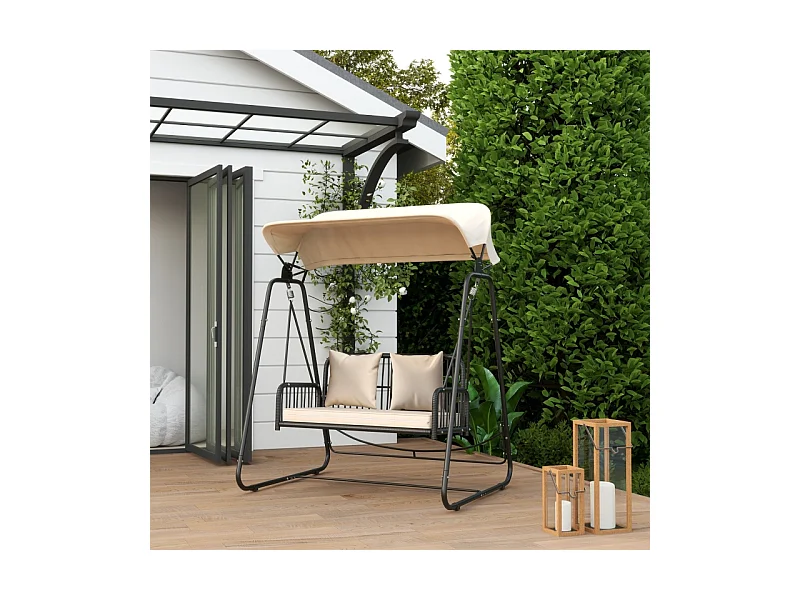 Balançoire de jardin en rattan, 2 places, avec toit réglable, coussins, acier, beige (149x121x180 cm)