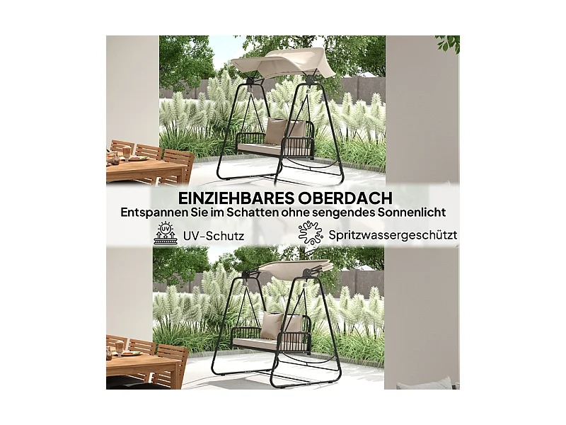Balançoire de jardin en rattan, 2 places, avec toit réglable, coussins, acier, beige (149x121x180 cm)
