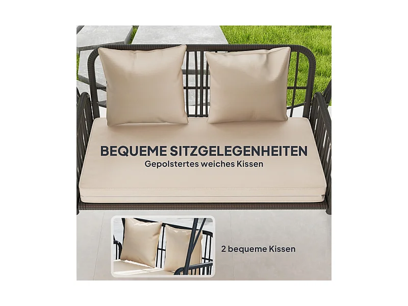 Balançoire de jardin en rattan, 2 places, avec toit réglable, coussins, acier, beige (149x121x180 cm)