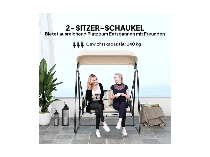 Balançoire de jardin en rattan, 2 places, avec toit réglable, coussins, acier, beige (149x121x180 cm)