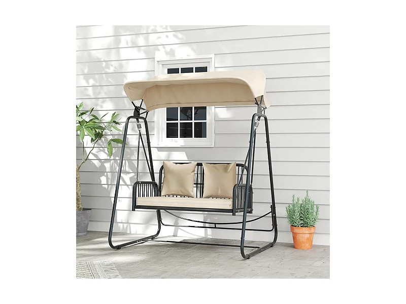 Balançoire de jardin en rattan, 2 places, avec toit réglable, coussins, acier, beige (149x121x180 cm)