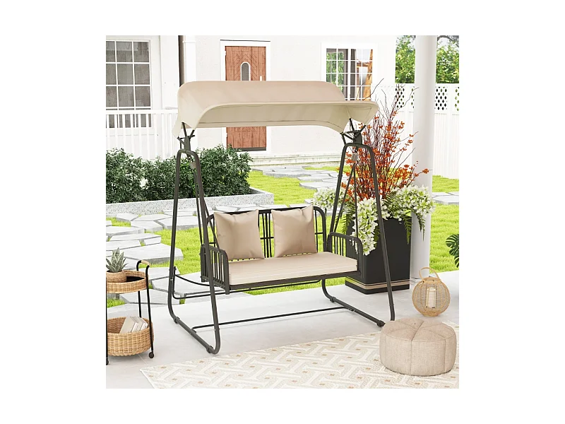 Balançoire de jardin en rattan, 2 places, avec toit réglable, coussins, acier, beige (149x121x180 cm)