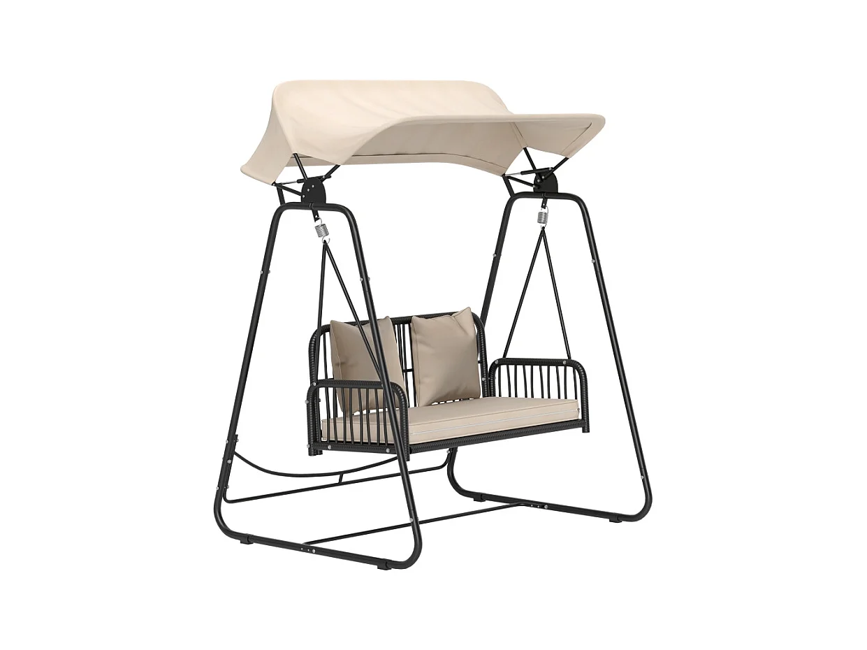 Balançoire de jardin en rattan, 2 places, avec toit réglable, coussins, acier, beige (149x121x180 cm)
