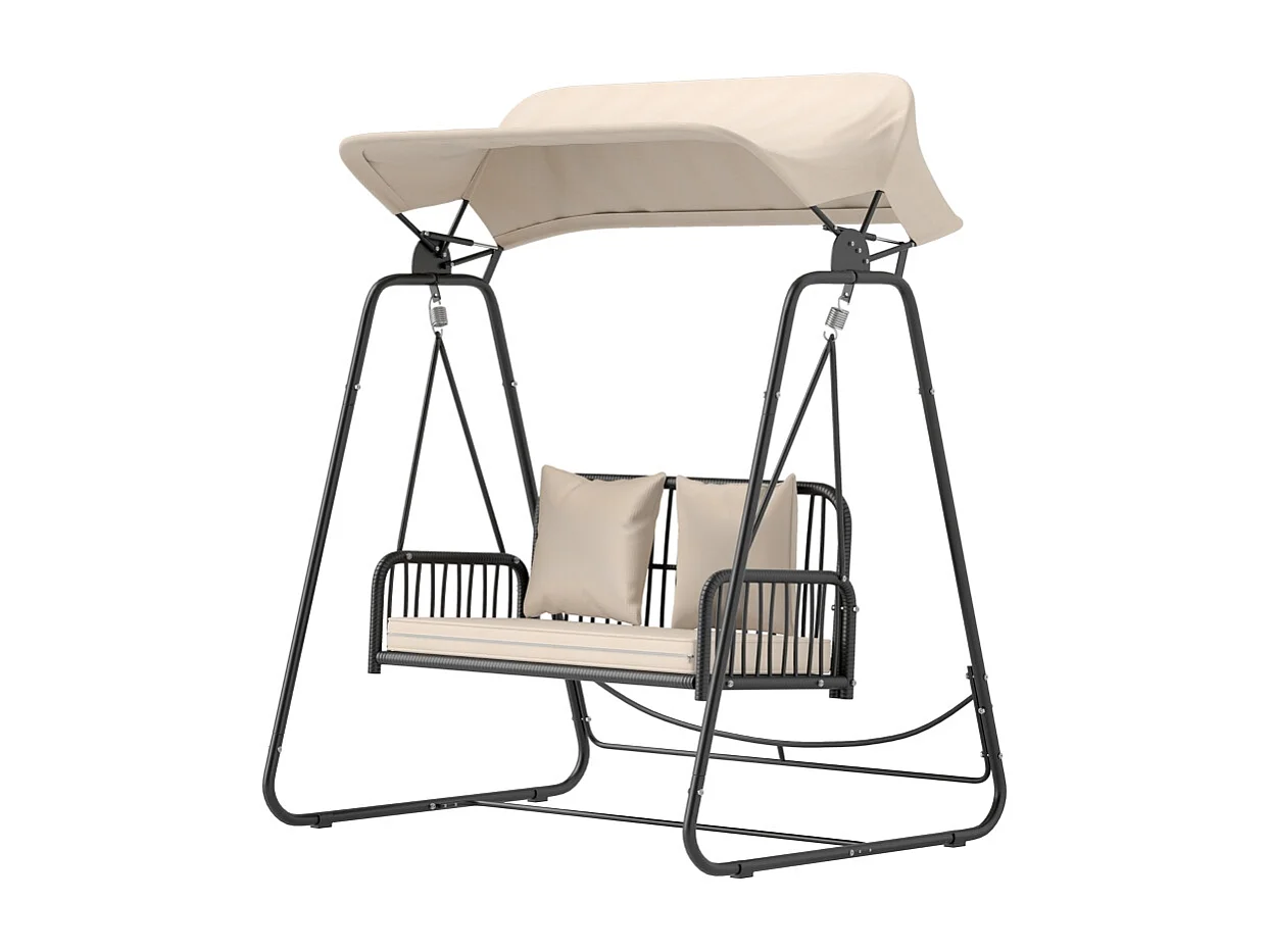 Balançoire de jardin en rattan, 2 places, avec toit réglable, coussins, acier, beige (149x121x180 cm)