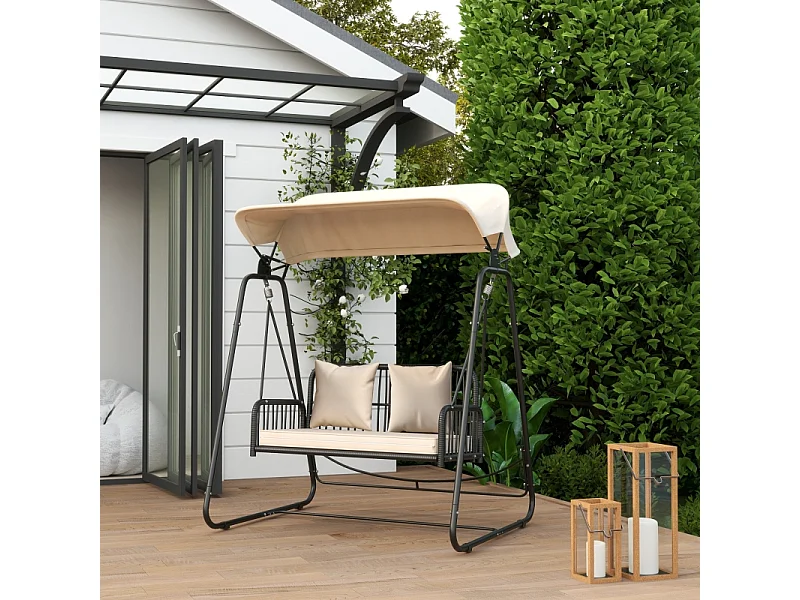 Balançoire de jardin en rattan, 2 places, avec toit réglable, coussins, acier, beige (149x121x180 cm)