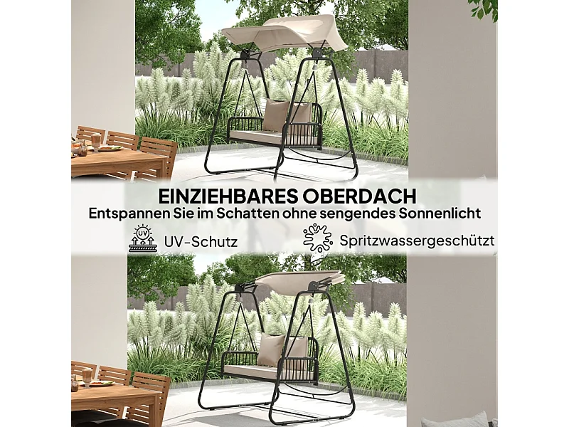 Balançoire de jardin en rattan, 2 places, avec toit réglable, coussins, acier, beige (149x121x180 cm)