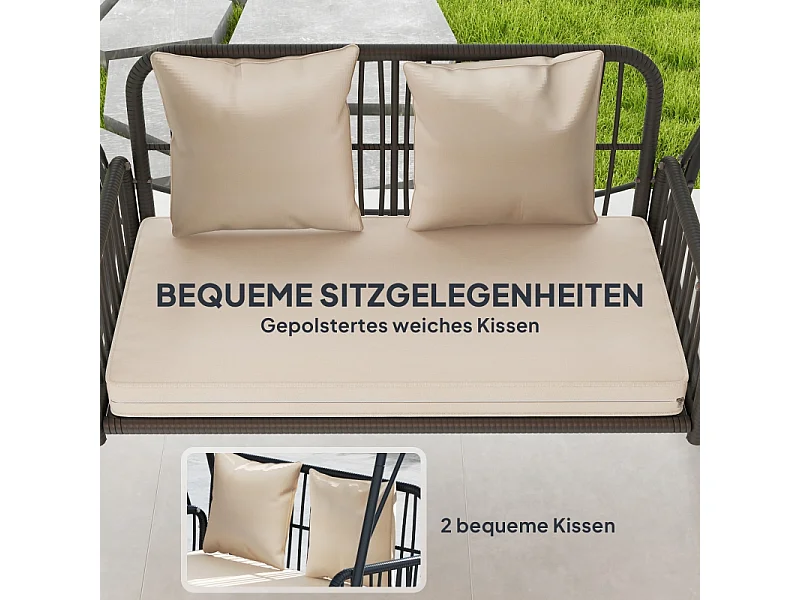 Balançoire de jardin en rattan, 2 places, avec toit réglable, coussins, acier, beige (149x121x180 cm)