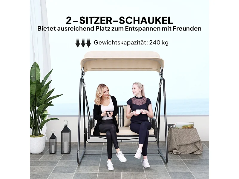 Balançoire de jardin en rattan, 2 places, avec toit réglable, coussins, acier, beige (149x121x180 cm)