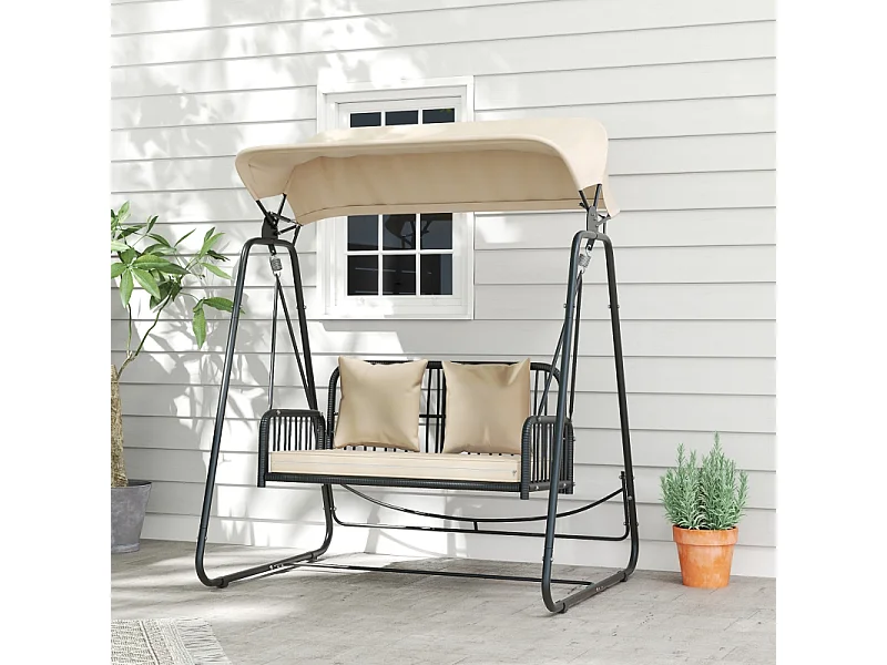 Balançoire de jardin en rattan, 2 places, avec toit réglable, coussins, acier, beige (149x121x180 cm)