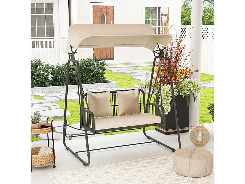 Balançoire de jardin en rattan, 2 places, avec toit réglable, coussins, acier, beige (149x121x180 cm)