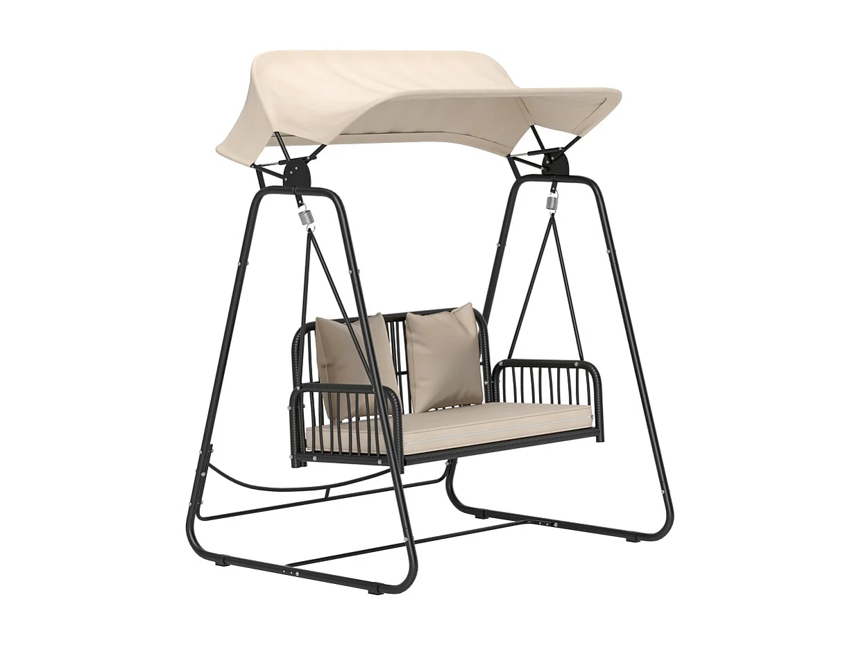 Balançoire de jardin en rattan, 2 places, avec toit réglable, coussins, acier, beige (149x121x180 cm)