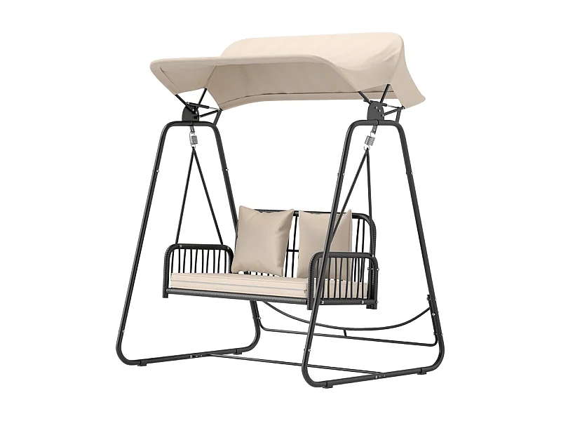Balançoire de jardin en rattan, 2 places, avec toit réglable, coussins, acier, beige (149x121x180 cm)