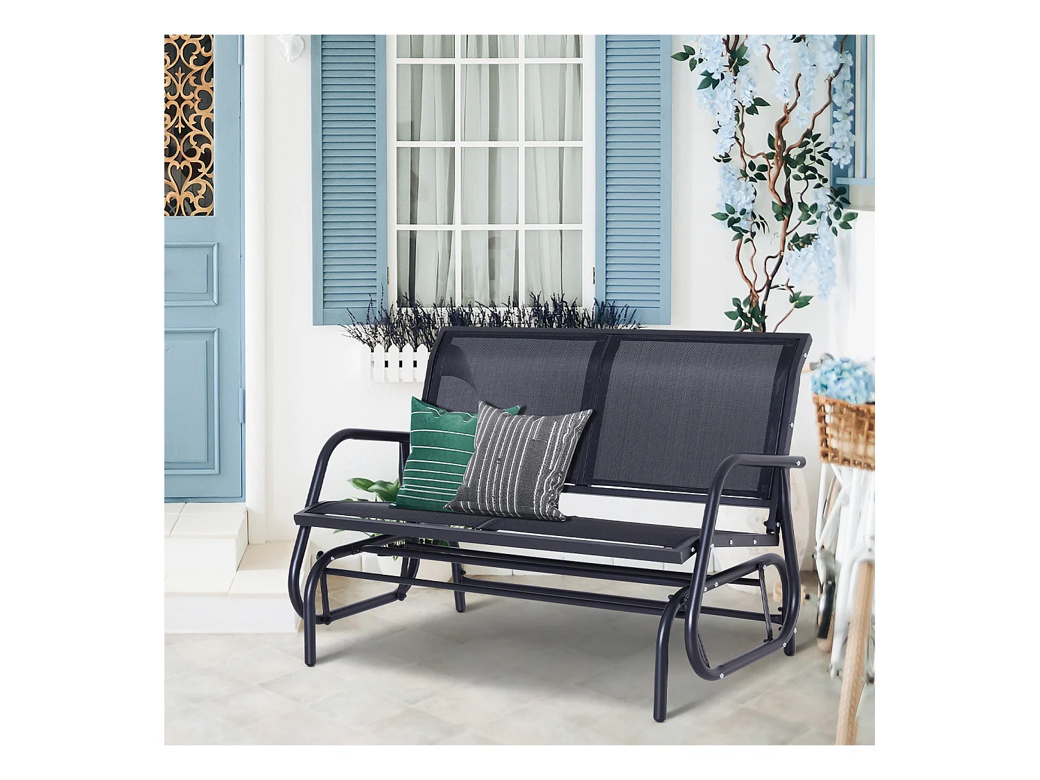 Banc balançoire 2 places en métal, dossier en maille respirante, noir (120x70x88cm)