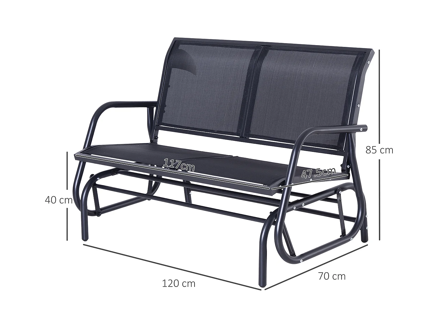 Banc balançoire 2 places en métal, dossier en maille respirante, noir (120x70x88cm)