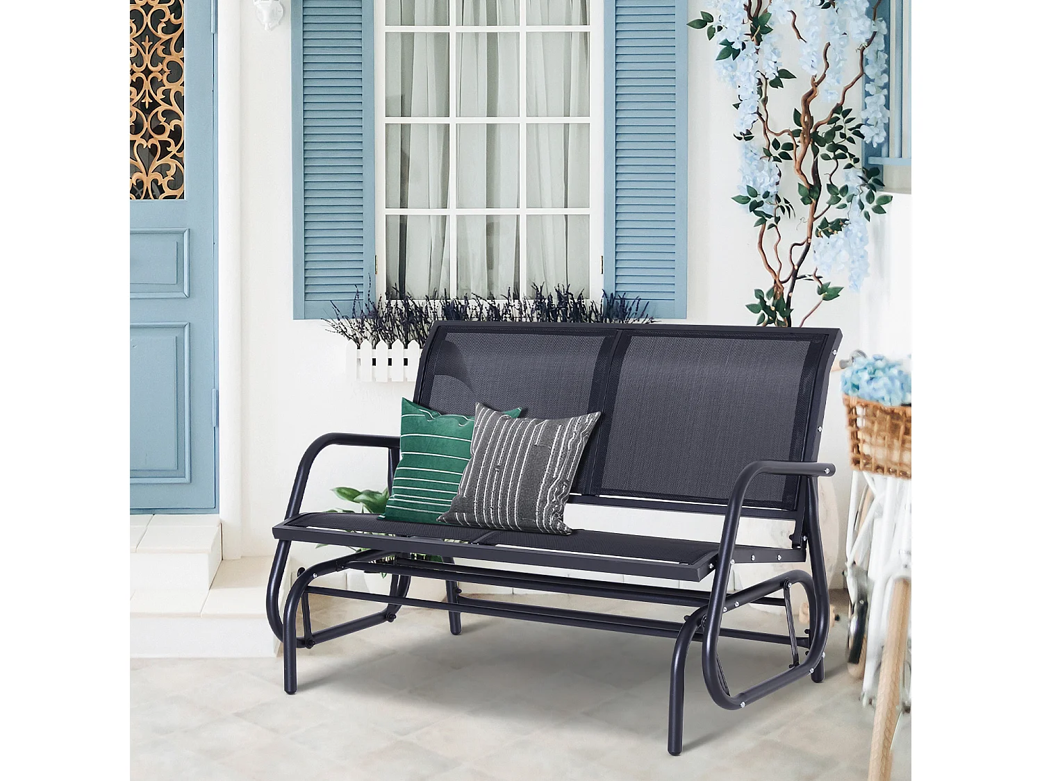 Banc balançoire 2 places en métal, dossier en maille respirante, noir (120x70x88cm)