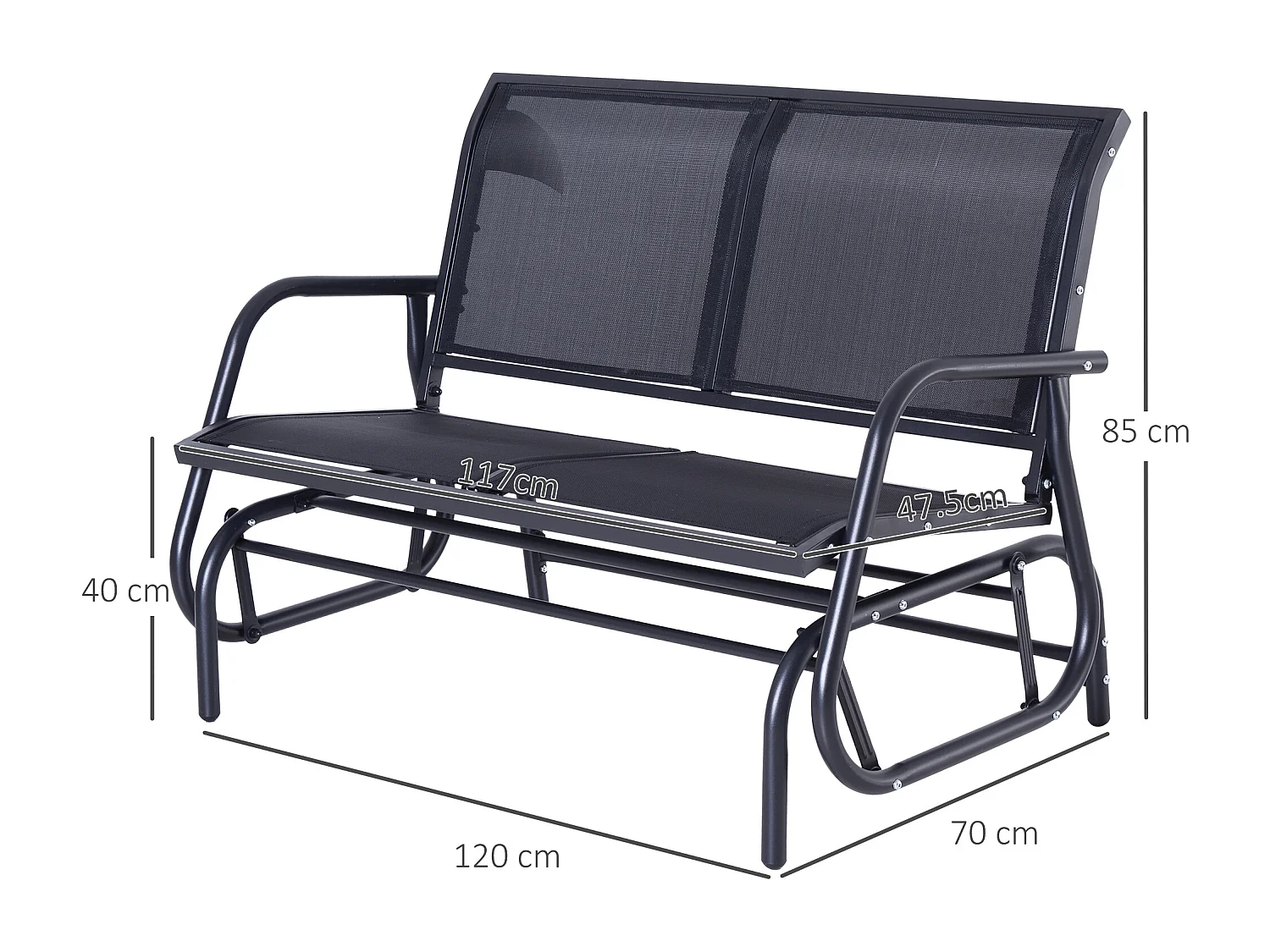 Banc balançoire 2 places en métal, dossier en maille respirante, noir (120x70x88cm)