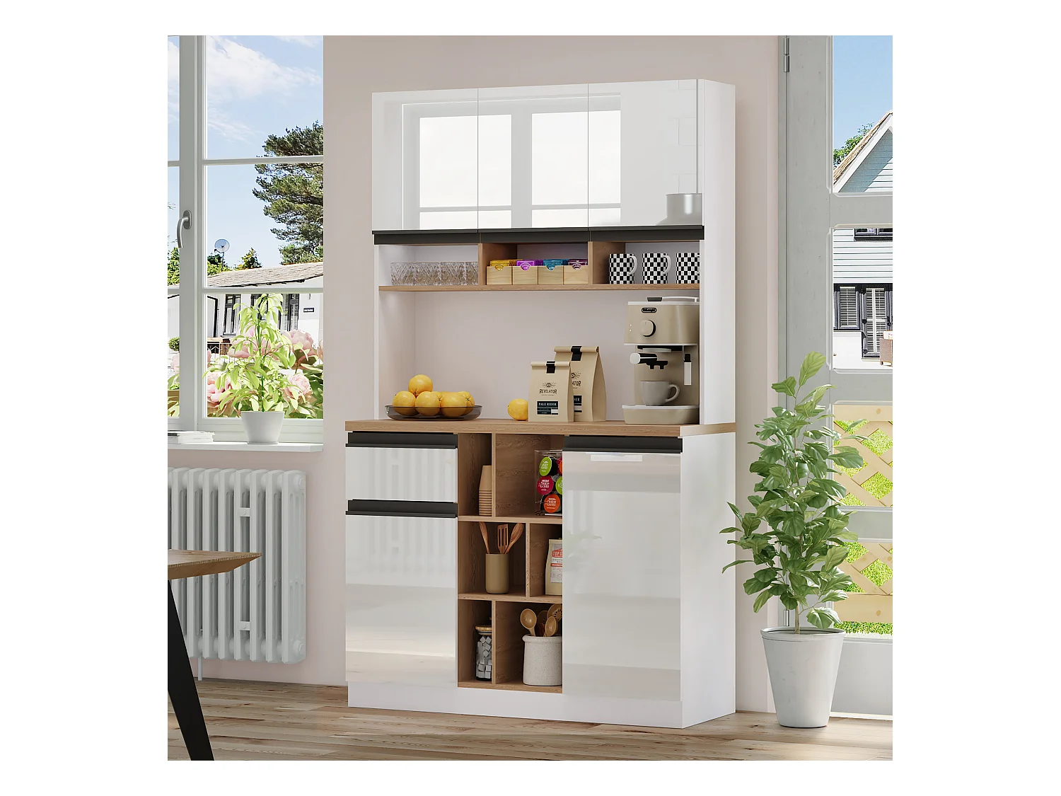 Buffet haut - 105 x 45 x 185 cm - avec étagères réglables + 1 tiroir + 3 portes - MDF - blanc