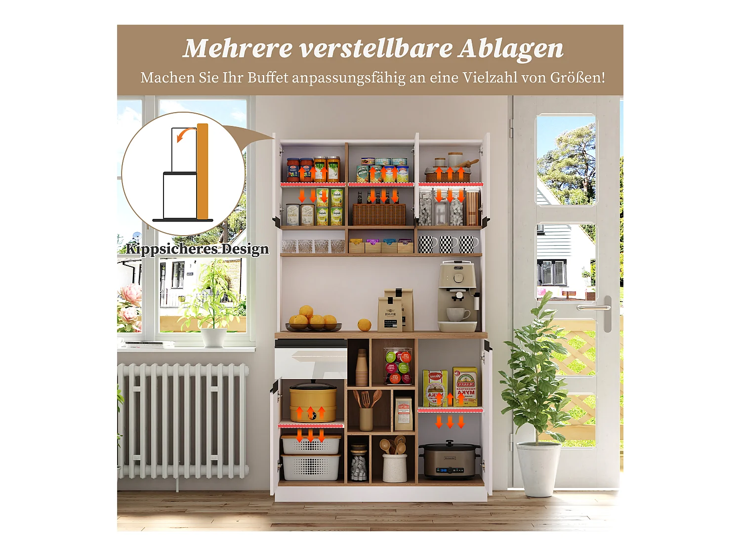 Buffet haut - 105 x 45 x 185 cm - avec étagères réglables + 1 tiroir + 3 portes - MDF - blanc