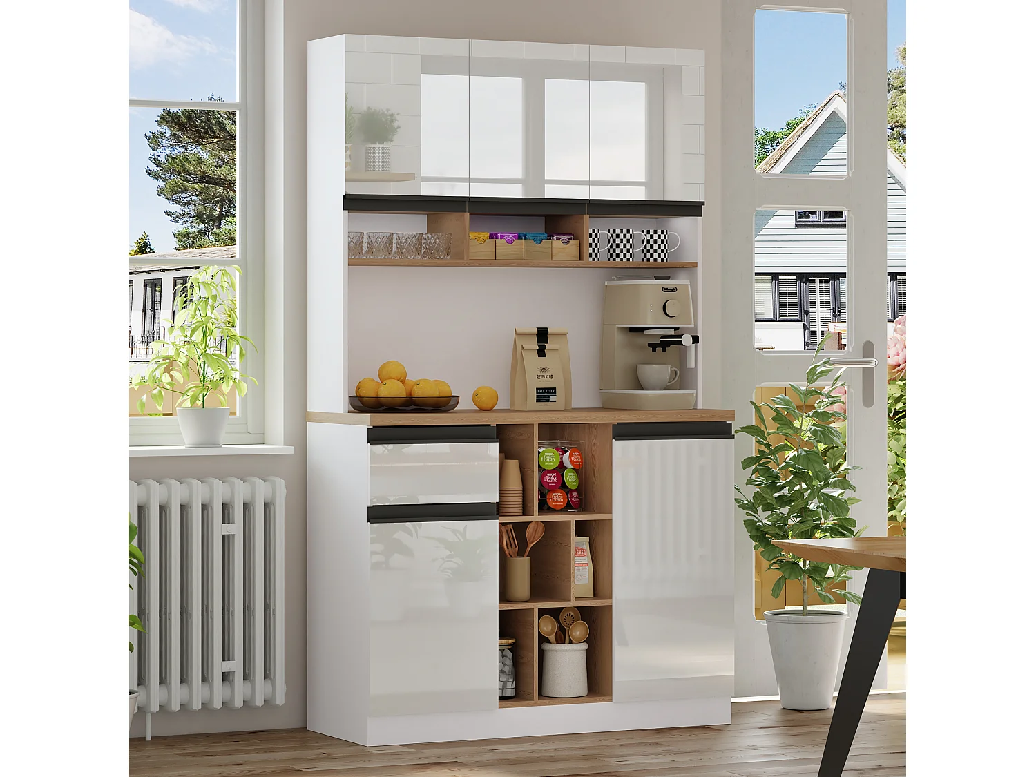 Buffet haut - 105 x 45 x 185 cm - avec étagères réglables + 1 tiroir + 3 portes - MDF - blanc