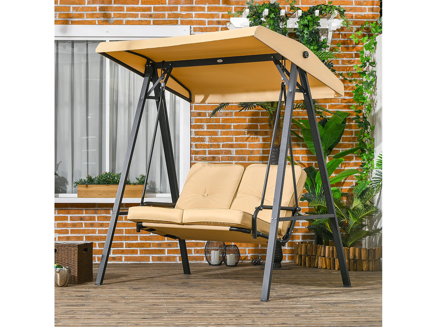 Altalena da giardino a 3 posti con tetto regolabile, struttura in acciaio, beige (138x106x174 cm)