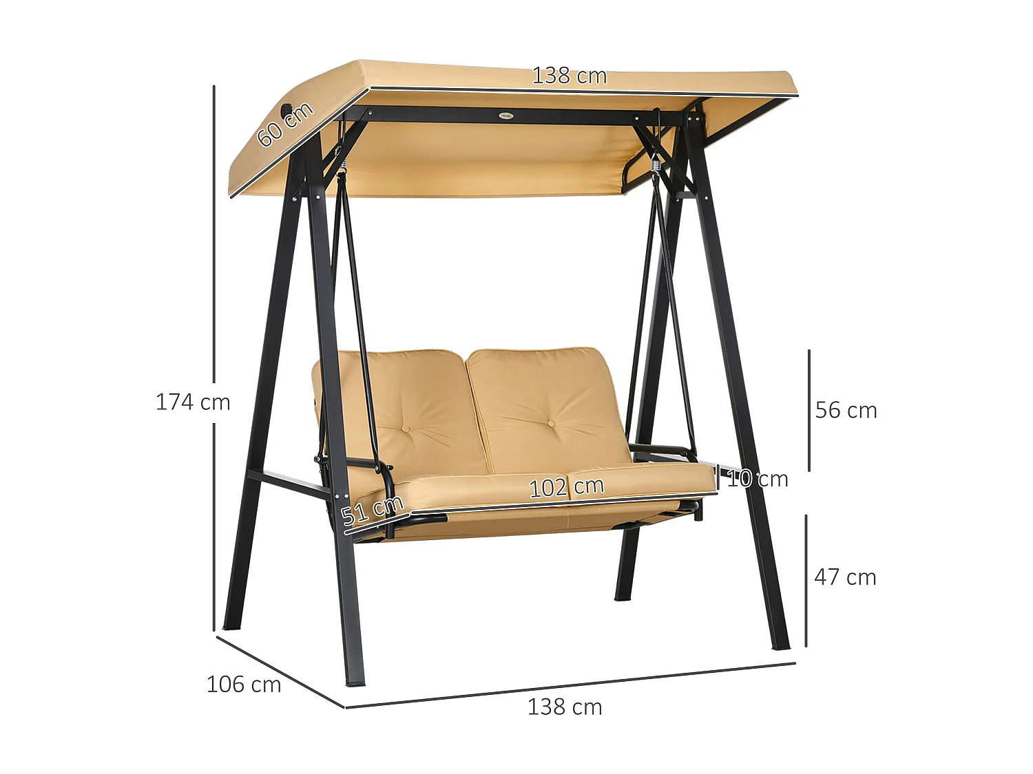 Altalena da giardino a 3 posti con tetto regolabile, struttura in acciaio, beige (138x106x174 cm)