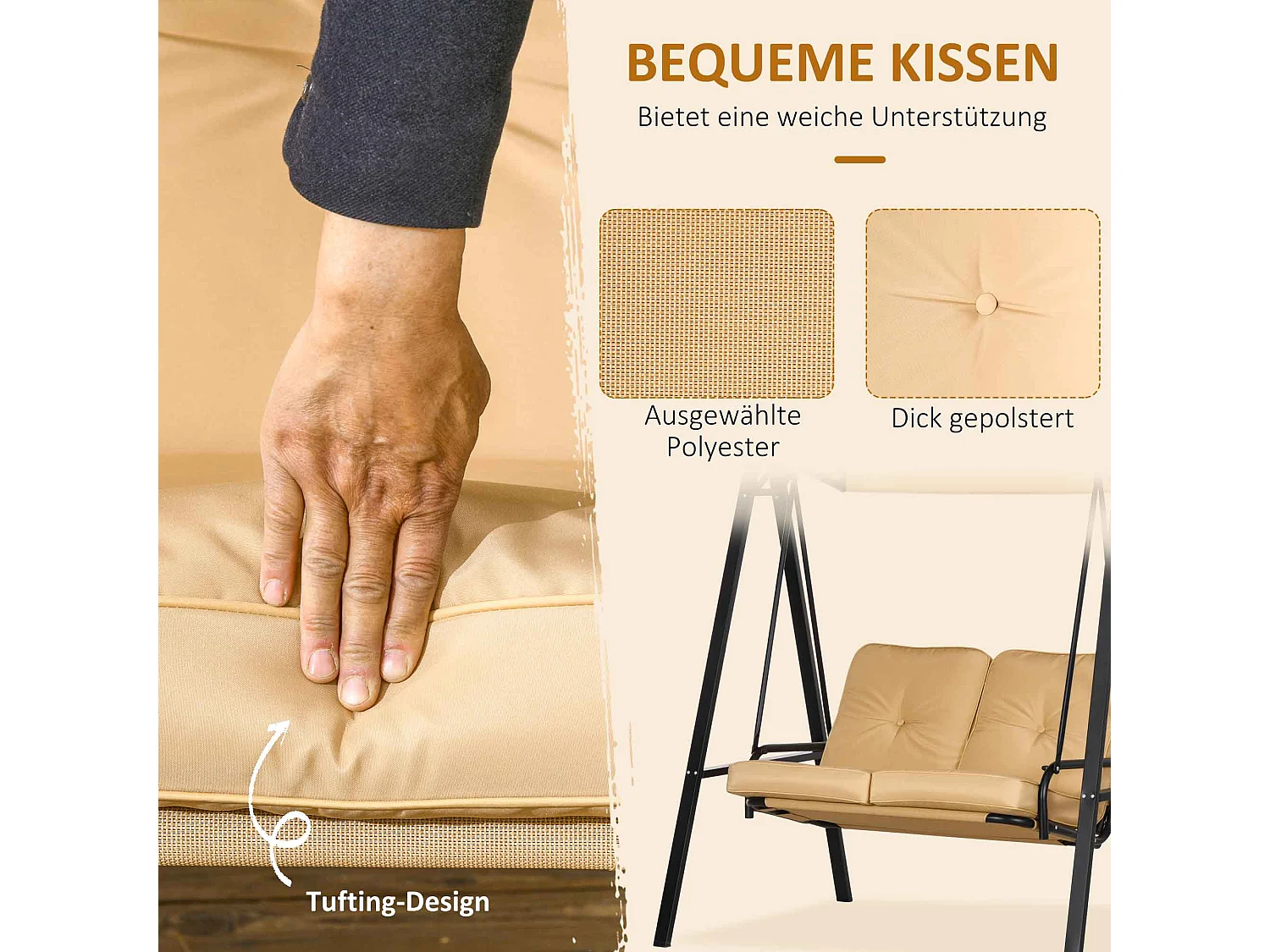 Altalena da giardino a 3 posti con tetto regolabile, struttura in acciaio, beige (138x106x174 cm)