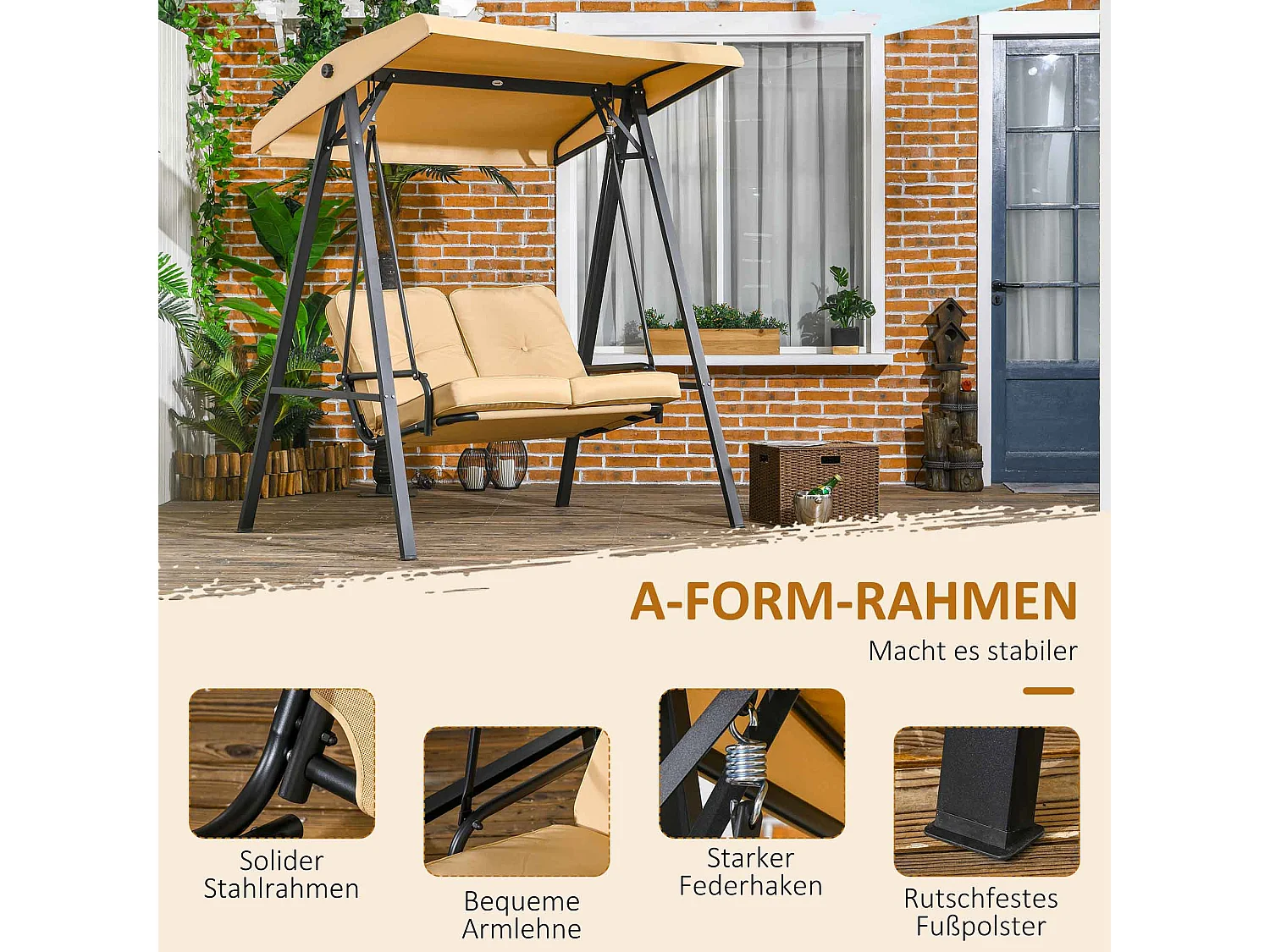 Altalena da giardino a 3 posti con tetto regolabile, struttura in acciaio, beige (138x106x174 cm)