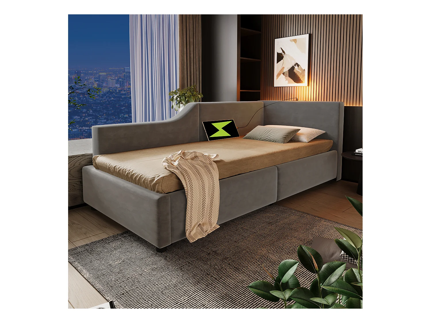 Lit de jour avec espace de rangement, 90x190 cm, tissu en lin beige, avec lampe de lecture et chargeur USB-C, 4 tiroirs de rangement (203x98x70 cm)