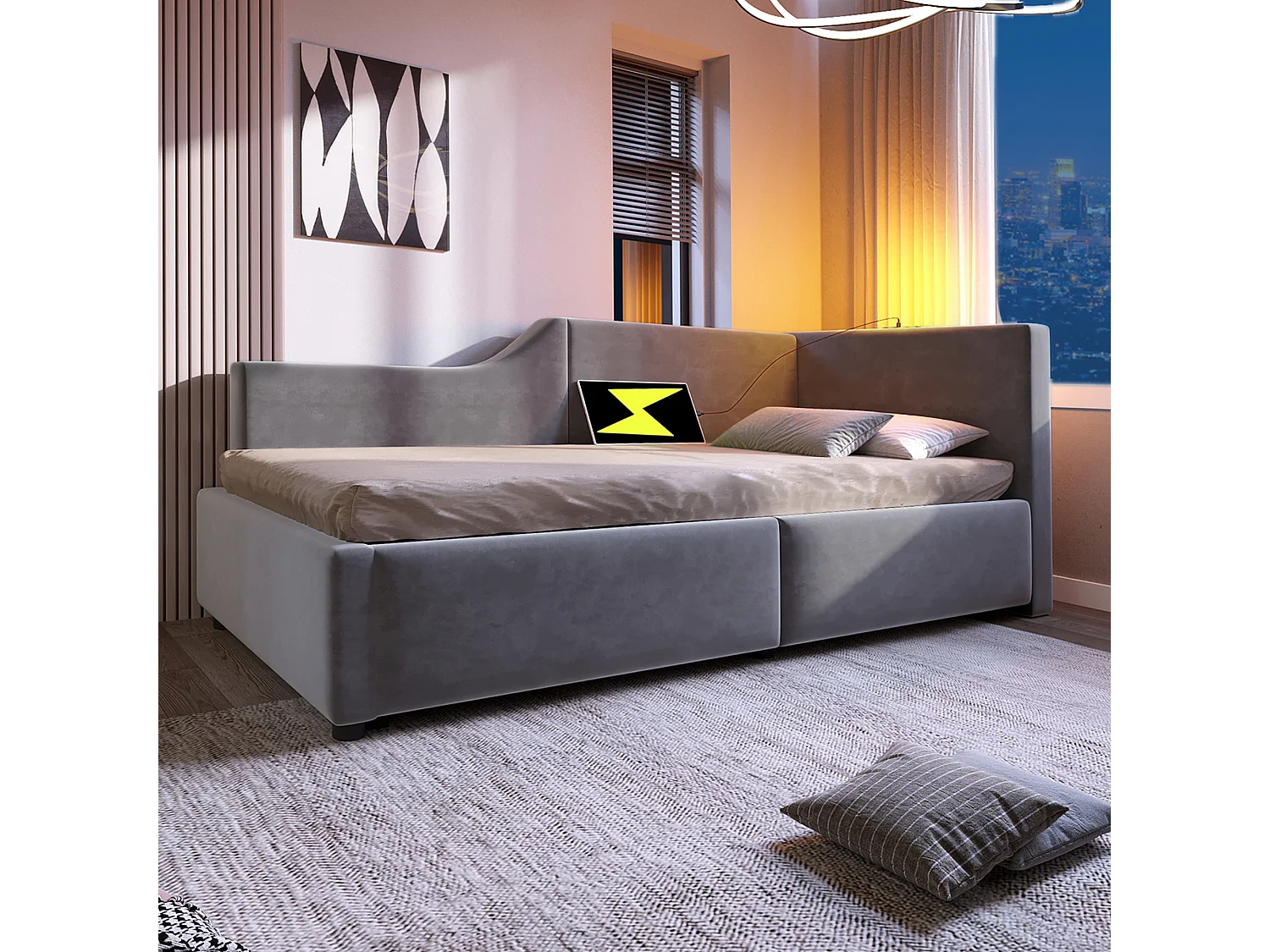 Lit de jour avec espace de rangement, 90x190 cm, tissu en lin beige, avec lampe de lecture et chargeur USB-C, 4 tiroirs de rangement (203x98x70 cm)