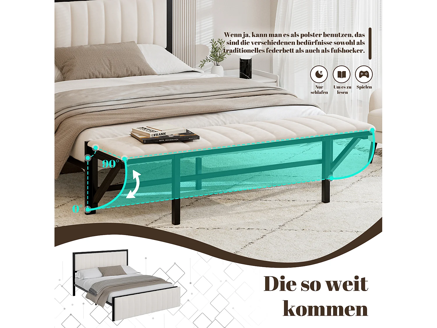 Bett mit Klappbank - 140 x 200 cm - Eisenbettgestell mit Stauraum - Samt - Beige