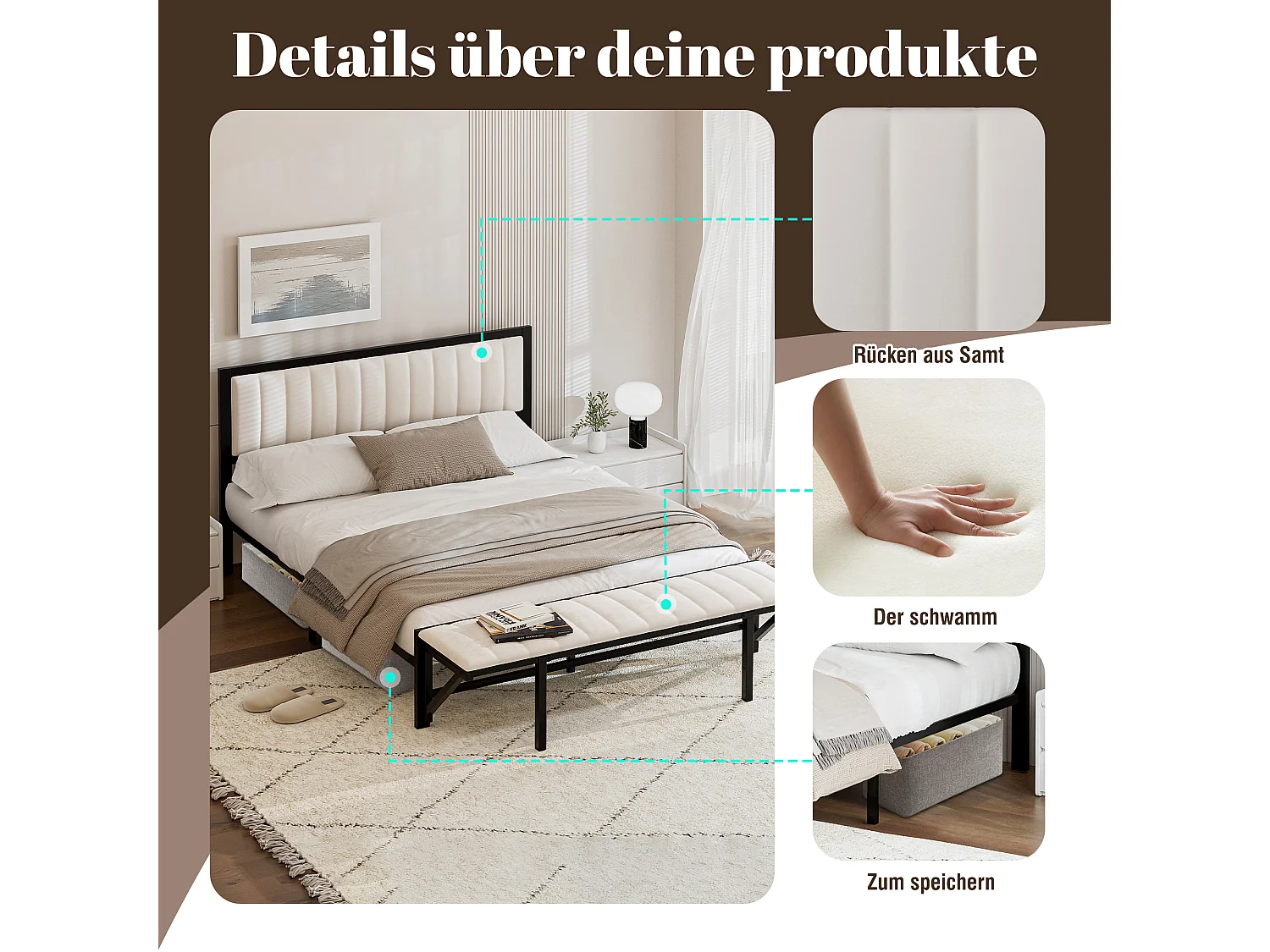 Bett mit Klappbank - 140 x 200 cm - Eisenbettgestell mit Stauraum - Samt - Beige