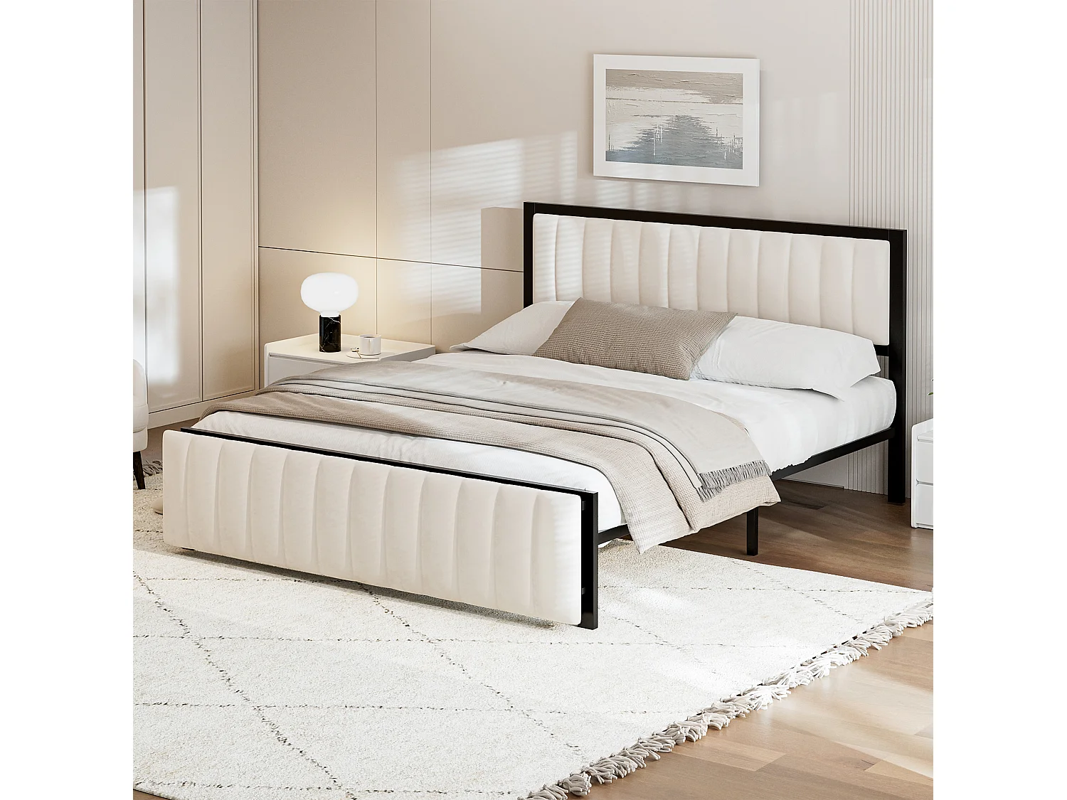 Bett mit Klappbank - 140 x 200 cm - Eisenbettgestell mit Stauraum - Samt - Beige