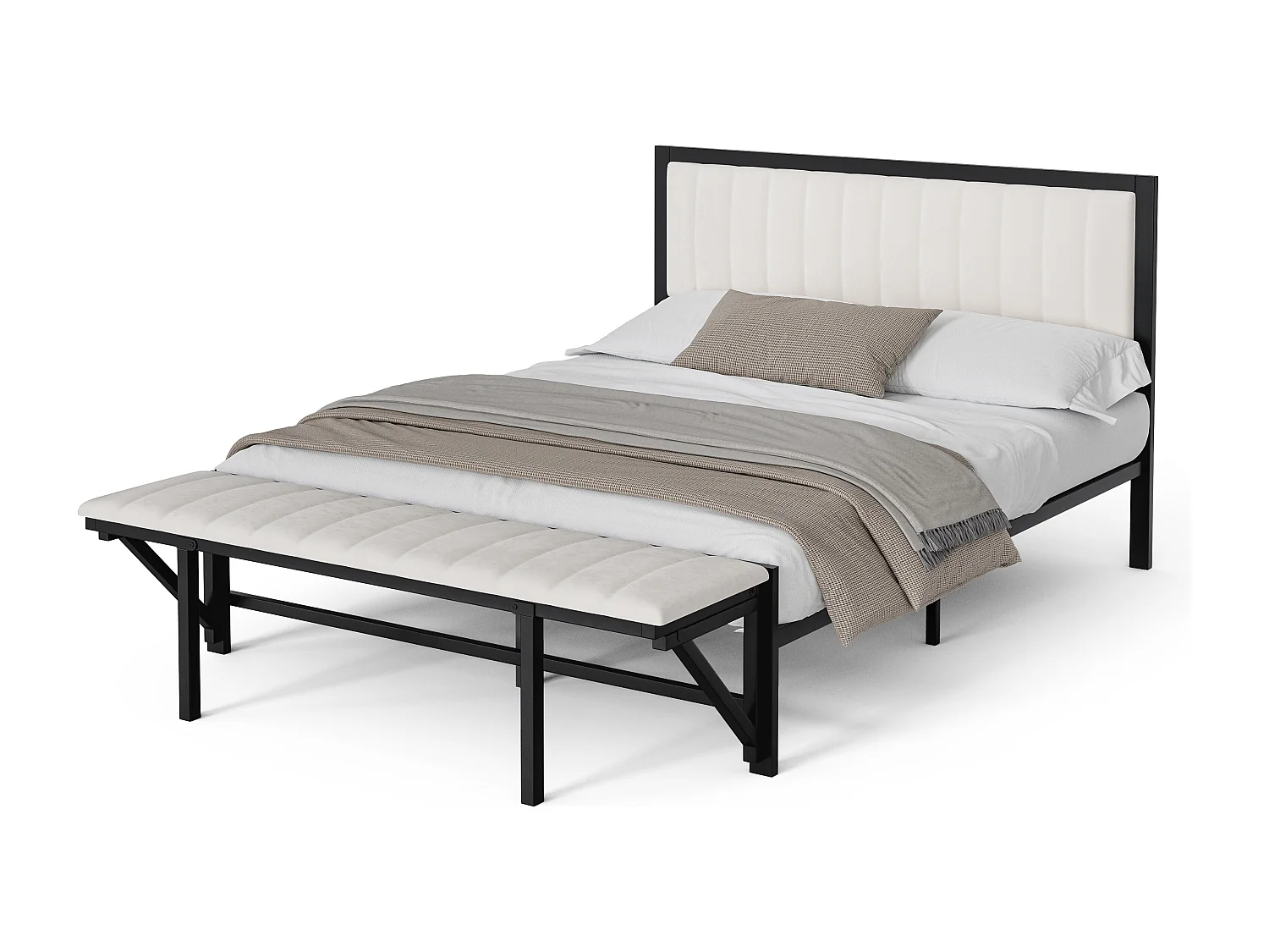 Bett mit Klappbank - 140 x 200 cm - Eisenbettgestell mit Stauraum - Samt - Beige
