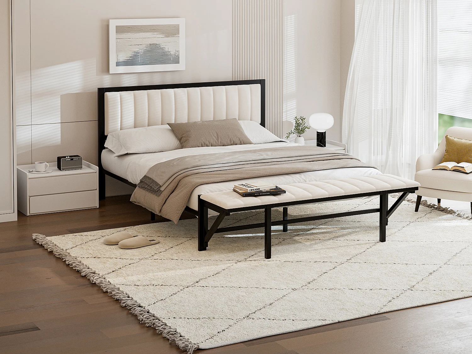 Bett mit Klappbank - 140 x 200 cm - Eisenbettgestell mit Stauraum - Samt - Beige